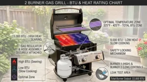 A chart illustrating the optimal BTU heat output and temperature control for a two burner grill.