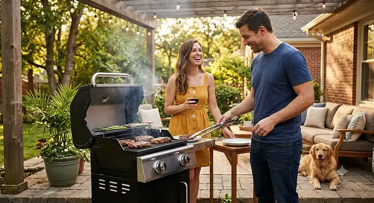 A happy young couple grilling steaks and vegetables on a compact 2 burner gas grill on a backyard patio. 2 burner gas grill for couple