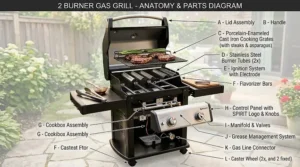 An illustrated breakdown of a 2 burner gas grill highlighting the burners, grates, and ignition.