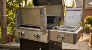 An easy assembly illustration showing how to connect a propane tank to a small two burner grill.