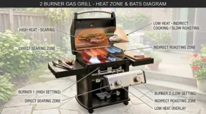 An illustration demonstrating direct and indirect heat zones on a two burner liquid propane grill.