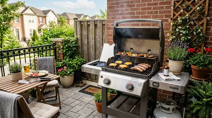 Modern stainless steel 2 burner gas grill on a compact townhome patio setup with outdoor furniture. 2 burner gas grill for small patio