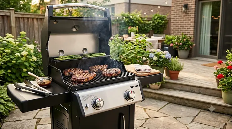 A premium stainless steel 2 burner gas grill cooking steaks on a small patio.