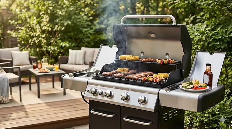 A stainless steel propane gas grill cooking burgers and vegetables on a backyard patio, showcasing the best gas grill for the money.