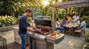 A compact, portable tabletop propane grill cooking burgers at a campsite, showcasing the best gas grill for tailgating and small spaces.