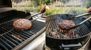 Close-up of juicy burgers searing on a grill grates, highlighting smoke rings and smoke flavor differences between gas and charcoal cooking.