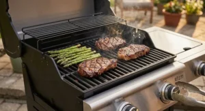 A 2 burner gas grill for couple shown with its foldable side shelves down to save patio storage space.