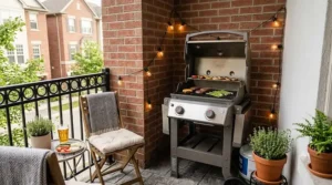 A small liquid propane 2 burner gas grill tucked neatly into the corner of a decorated apartment patio.