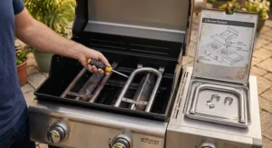 Diagram highlighting the independent dual zone temperature controls on a two burner liquid propane grill.
