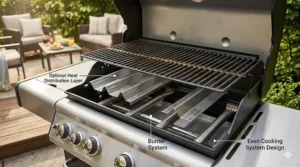 An illustration demonstrating even heat distribution from high-quality burners in a budget-friendly gas grill.