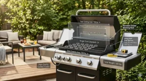 A sizing guide illustration showing total cooking surface area and burger capacity for a backyard gas grill.
