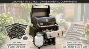 An illustration comparing cast iron versus stainless steel grates for a 2 burner gas grill.