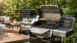 An illustration of a removable grease tray and cleanup system on a high-value liquid propane gas grill.
