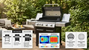 An infographic chart comparing performance features across different price points to find the best value gas grill for the money.