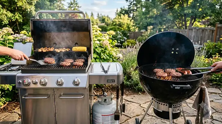 A side-by-side comparison of a modern stainless steel gas grill and a classic black charcoal kettle grill cooking outdoors on a backyard patio. gas grill vs charcoal grill