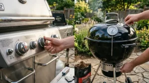 Close-up side-by-side view of temperature control knobs on a liquid propane gas grill and adjustable air dampers on a charcoal grill lid.