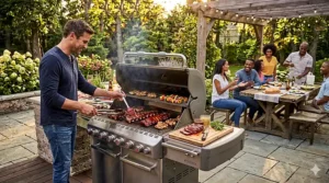 A luxury built-in outdoor kitchen island featuring the best gas grill with premium infrared rotisserie burners.