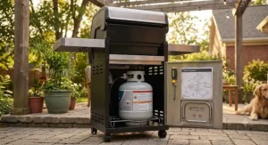 A couple enjoying a camping picnic next to a portable 2 burner gas grill tailgating setup.