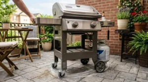 Close up view of the heavy duty caster wheels on a portable 2 burner gas grill for easy patio moving.