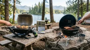 A compact, tabletop tailgating propane grill and a small portable charcoal grill set up on a wooden picnic table at a campsite.