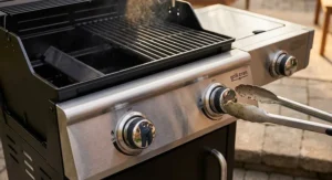 Illustration of a space saving 2 burner gas grill fitting perfectly on a small apartment balcony.