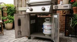 An open lower cabinet structure of a small patio gas grill showing propane tank storage.