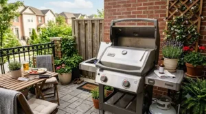 A compact 2 burner gas grill with both side shelves folded down to save space on a small balcony.