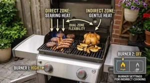 Infographic showing how a 2 burner gas grill creates direct and indirect heat zones for versatile grilling.