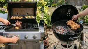 A diagram explaining how to set up direct and indirect heat zones for two-zone cooking on both gas and charcoal grill surfaces.