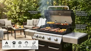 A diagram highlighting extra features like side burners and electronic ignition that make a gas grill worth the money.