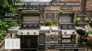 A side-by-side size comparison illustration highlighting the footprint and cooking space differences between a 2-burner and a 3 burner gas grill.