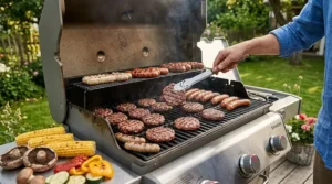 A top-down illustration showing the cooking capacity of a 3 burner gas grill for family meals, filled with burgers, hot dogs, and veggies.