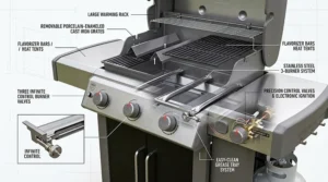 An instructional diagram illustrating the main components of a modern 3 burner gas grill, including the heat tents, burners, and electronic ignition.