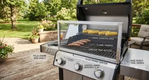 Labeled diagram showing the key features of an affordable 3 burner grill under 400 dollars, including the hood, side shelves, and control knobs.