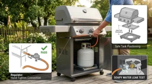 A safety illustration demonstrating how to connect a liquid propane tank to a 3 burner gas grill for family safety.