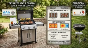 Graphic visualization showing how many burger patties fit across the primary cooking area of a standard 3 burner patio grill.