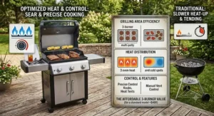 Infographic explaining how to create direct and indirect cooking zones using a 3 burner gas grill layout.