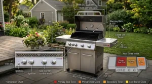 A detailed diagram illustrating the precise width, height, and depth measurements of a standard 4-burner gas grill.