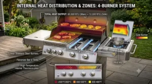An anatomical graphic visualizing the four individual burner paths and different heat control zones on a gas grill cooking surface.