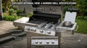 An exploded internal view illustration highlighting key components like flavorizer bars, burners, and drip pans within a 4-burner gas grill.