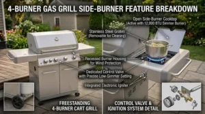 An illustration highlighting the functionality and control valve details of a side burner on a modern 4-burner gas grill.