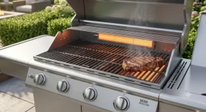 Open-lid view of a 4-burner gas grill featuring cast iron grates and an integrated infrared sear station.