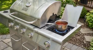 A budget friendly 4 burner grill under 500 dollars featuring an active side burner for outdoor cooking.