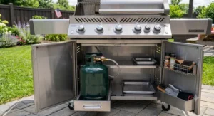 Open lower storage cabinet doors of a 5 burner gas grill showing a liquid propane tank hookup