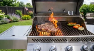 Thick T-bone steak searing over the high-heat infrared sear burner of a 5 burner gas grill