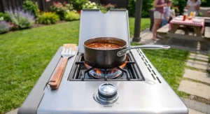 Close-up of the active side burner on a stainless steel 5 burner gas grill heating a pot of sauce