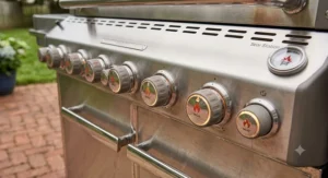 Detailed view of the control panel and glowing LED knobs on a commercial-grade 6 burner gas grill.
