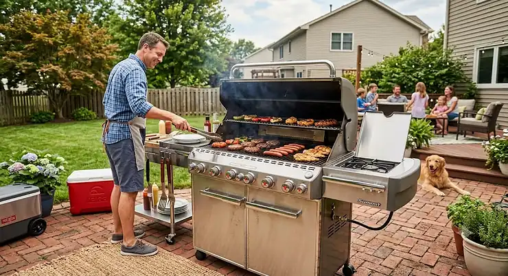 Stainless steel 6 burner gas grill on a brick patio in a suburban American backyard during a summer barbecue.