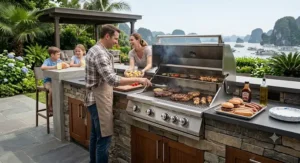 American family hosting a summer backyard cookout featuring food cooking on a premium gas grill.