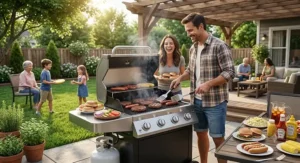 Family grilling burgers and hot dogs on a backyard patio using a top-rated propane grill for the money